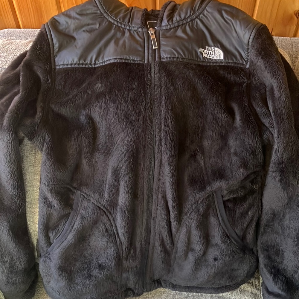 EUC The North Face hooded jacket black size Medium faux fur pockets adjustable